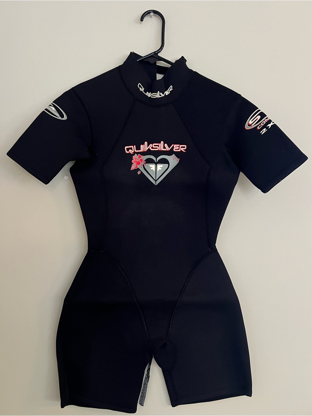 Vintage Quiksilver Women's Short Sleeve/Leg Wetsuit with Classic Red Logo
